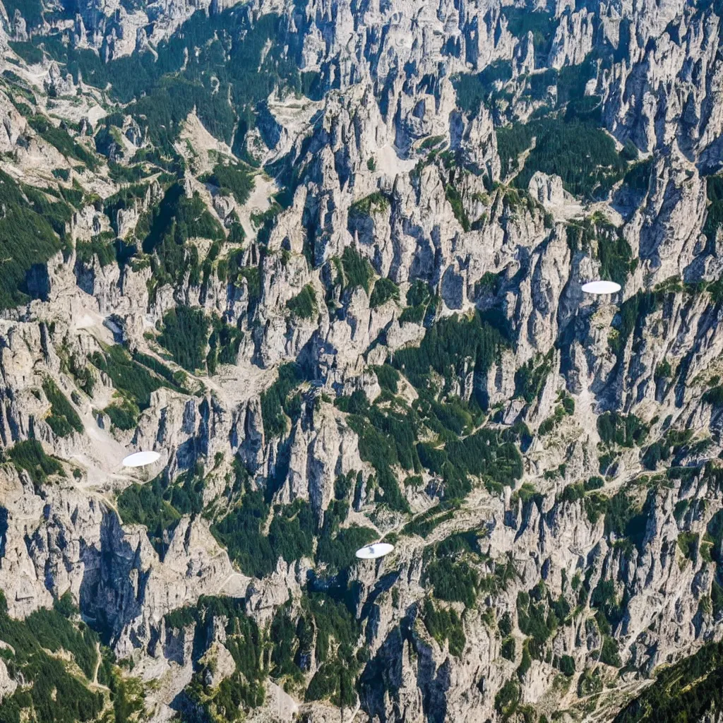 Prompt: 5 unique UFOs flying over swirling stylized dolomites, birds eye view