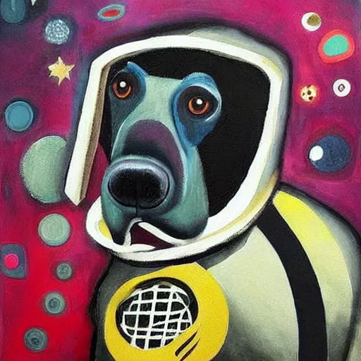 Prompt: a beautiful painting, dog in a space suite, by vladimir mayakovsky, by vladimir mayakovsky, long shot