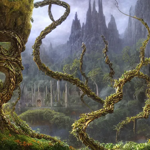 Image similar to a beautiful and highly detailed matte painting of an elven temple in a magical fantasy garden in a lush forest in the mystical mountains, celtic knots, tangled roots, knotted vines, intricate details, epic scale, insanely complex, 8 k, sharp focus, hyperrealism, very realistic, by caspar friedrich, albert bierstadt, james gurney, brian froud,