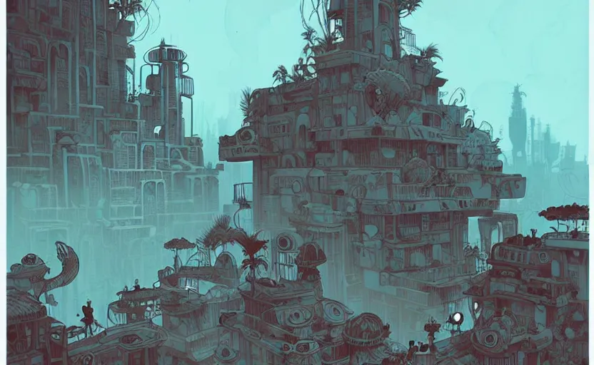 Prompt: lost city by greg tocchini, by james gilleard, by joe fenton, by kaethe butcher, dynamic lighting, gradient light blue, brown, blonde cream and white color scheme, grunge aesthetic