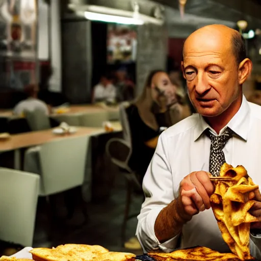 Prompt: film still of Basescu eating a Shawarma, 4k remastered, criterion collection