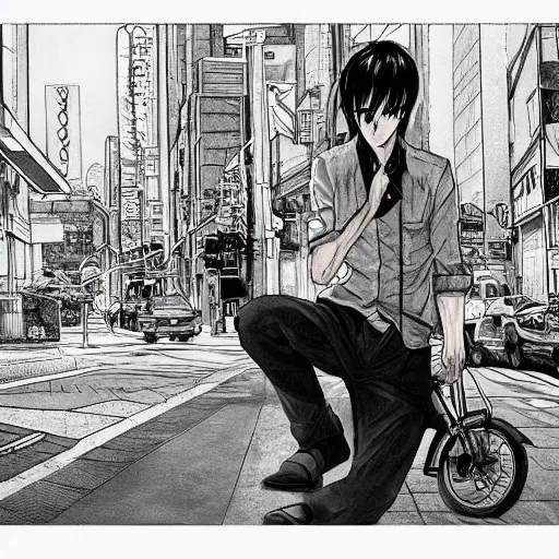 Image similar to a beautiful painting of chainsaw man posing on city street by tatsuki fujimoto, detailed line art, chainsaw man manga