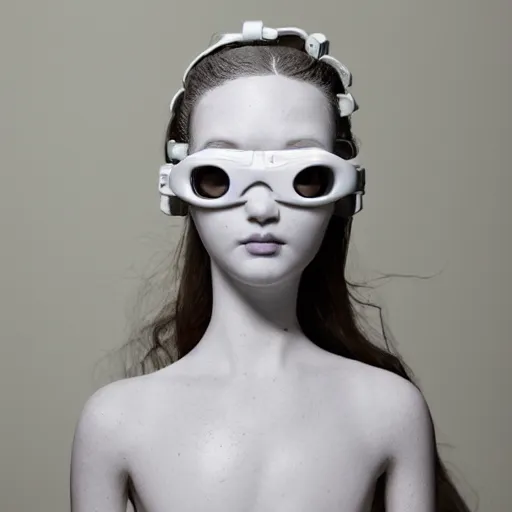 Image similar to full head and shoulders, beautiful female porcelain sculpture with melting white paint 3 d cyborg elements, white prosthetic eyes, 3 d goggles, smooth, all white features on a white background, delicate facial features, white eyes, white lashes, detailed white liquid, anatomical by daniel arsham and james jean