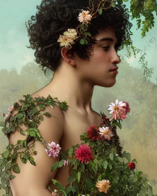 Image similar to 3 / 4 portrait, young male spring god, brown skin, dark hair, dress made of flowers and vines, beautiful, flowers, detailed field background, jewelry, artstation, artgerm, eerie, alphonse mucha, william bouguereau, rossdraws, greg rutkowski, super detailed, illustration, realistic, octane render, sharp focus, cinematic, 8 k