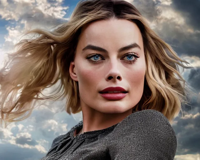 Image similar to a photo of margot robbie falling in the sky next to a helicopter, hyper realistic faces, beautiful eyes, cinematic, long shot, hyper detailed, 8 5 mm photograph, 8 k resolution, film still, sharp lens, wide lens