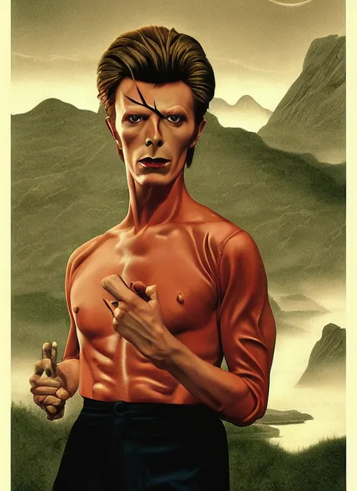 Prompt: twin peaks poster art, portrait of david bowie fights off the temptation to deindividuation, by michael whelan, rossetti bouguereau, artgerm, retro, nostalgic, old fashioned