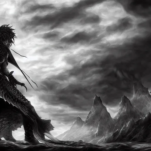 Prompt: dragon slayer in the style of kentaro miura, 4 k, 8 k, absolute detail of even the smallest details and particles, beautiful shadows, beautiful art, black and white drawing, high rendering of the details of the environment, faces and characters