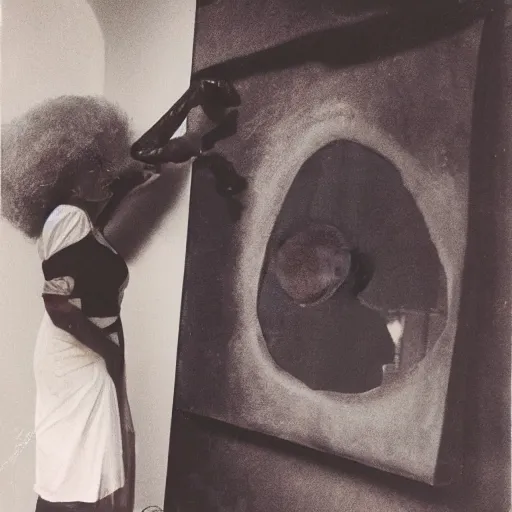 Image similar to jamel shabazz polaroid of a woman inspecting a sculpture by leonora carrington