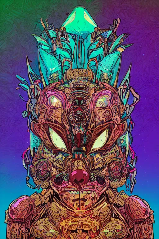 Image similar to animal mask totem roots tribal feather gemstone plant wood rock shaman vodoo video game vector illustration vivid multicolor borderlands comics by josan gonzales and dan mumford radiating a glowing aura