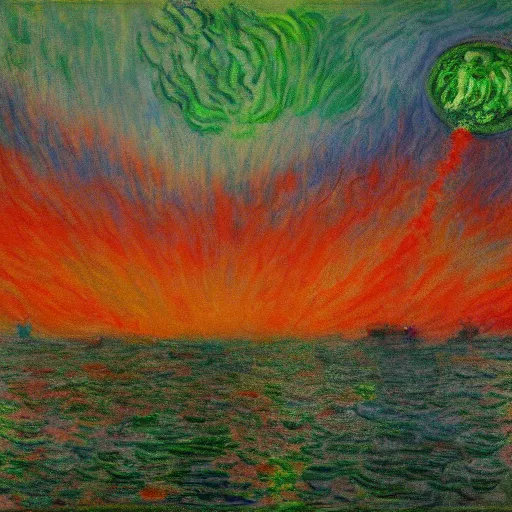 Image similar to painting of an alien invasion apocalypse in the style of Claude Monet