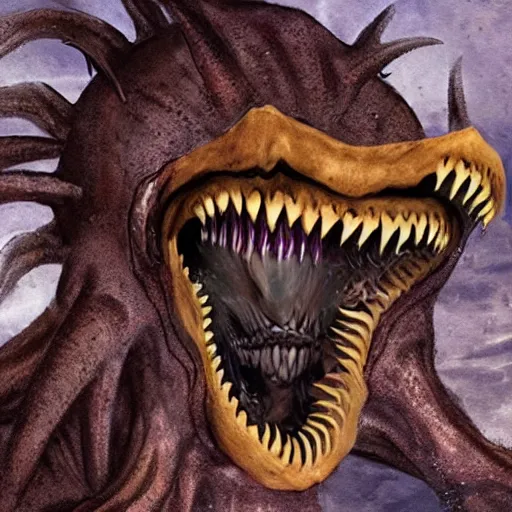 Prompt: enormous horrific creature of the abyss with giant mouth full of teeth