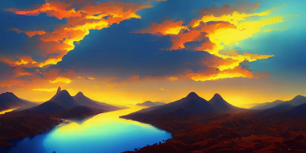 Prompt: iridescent painting of sunset over rio de janiero, panoramic, digital painting, by rhads and moebius