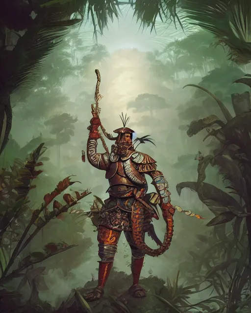 Image similar to 3d render of a spanish conquistador wearing ornate armor in a dense jungle, art by Peter mohrbacher and Dan mumford and studio ghibli and disney concept artists, fantasy, intricate octane, trending on artstation, studio ghibli color scheme, detailed, 8k, concept art, anatomy