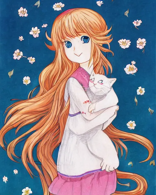 Image similar to a portrait of a young woman with very long pink hair undulating on the wind, light brown eyes, slightly chubby, pale skin, pretty, cute, holding a white cat. by naoko takeuchi