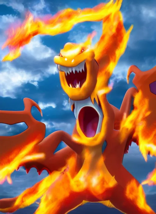 Image similar to pokemon charizard screaming fire coming out of mouth, epic scene, highly detailed, high quality, 8 k, 4 k, octane render, digital painting