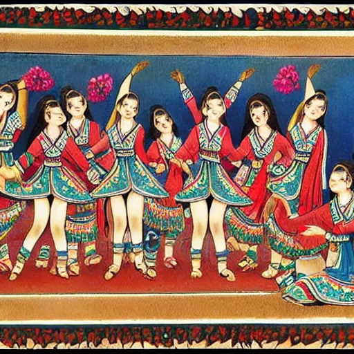 Image similar to a persian miniature painting, cheerleaders dancing, high detail, high quality, hd