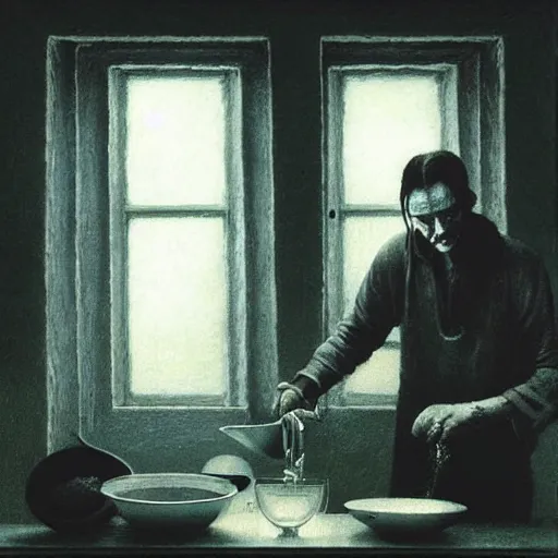 Image similar to Johny Depp washing dishes by Zdzislaw Beksinski