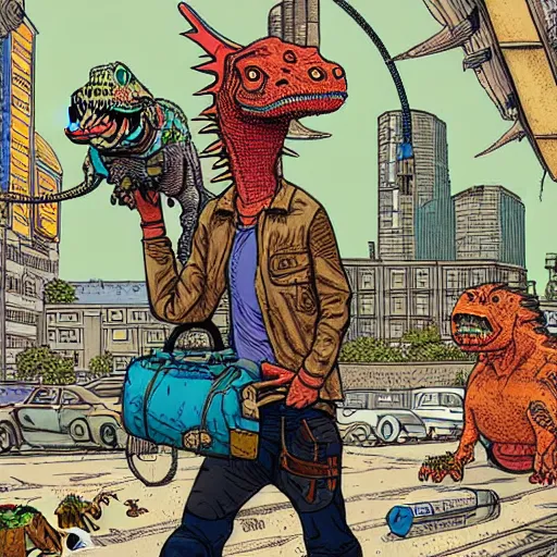 Image similar to intricate detailed color illustration of a cyberpunk street kid with a pet dinosaur, in the style of Geof Darrow