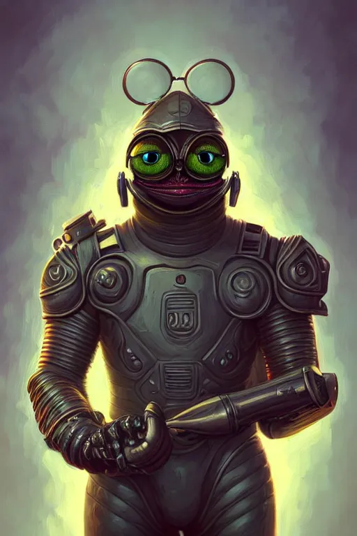Image similar to Portrait of pepe with a spoon wearing futuristic power armor, fantasy, intricate, highly detailed, digital painting, trending on artstation, sharp focus, illustration, style of Stanley Artgerm and Greg Rutkowski and Dan Mumford