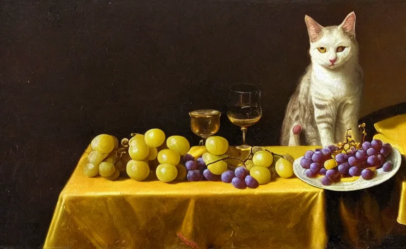 Prompt: in the style of Still life, Dutch Golden Age painting, Baroque, detailed realism, food, grapes, rustic. A cat sits at a table for dinner wearing a yellow hat.