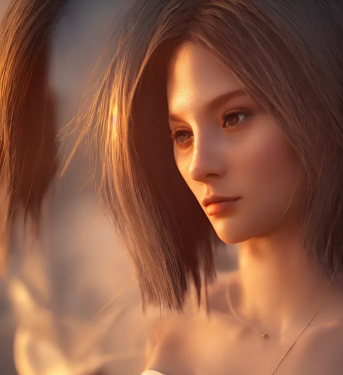 Prompt: centered waist up portrait of an angel, bokeh + DOF + 8k, photorealistic + rendered in unreal engine + ultra realistic + backlit + strong rimlight, sunset + HDRI, HD, Photoreal , trending on artstation