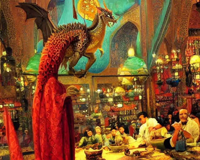 Prompt: an oil painting in the style of orientalism of dragons on display in a dragon auction in the grand bazaar of isfahan by edwin lord weeks, trending on artstation