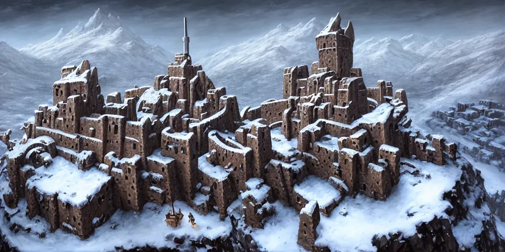 Prompt: aerial view of a dwarven fortress embedded into the side of a snowy mountain range, as a matte oil painting, by noah bradley, photorealistic, medieval fantasy, action shot, epic, torches, waterwheels, windmills, chiseled details, runic, ornate, trading depots, extremely detailed, sharp focus