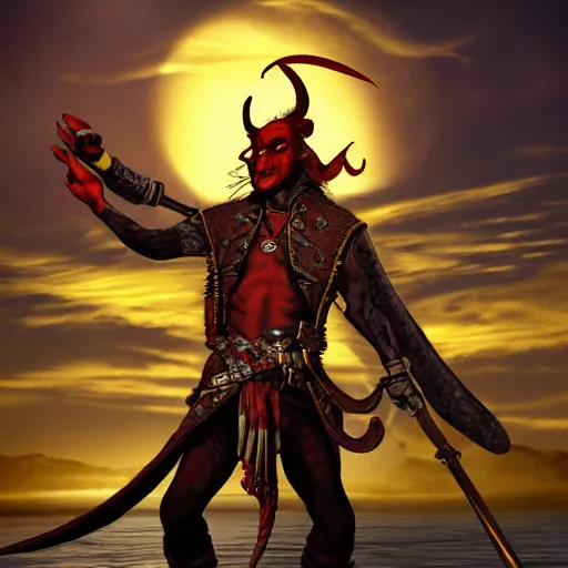 Image similar to a red skinned horned male tiefling, dungeons and dragons, wearing a pirate coat with shiny gold buckles and a rapier on his hip, standing at the prow of his ship looking out over the water, uhd, high detail, sunset lighting