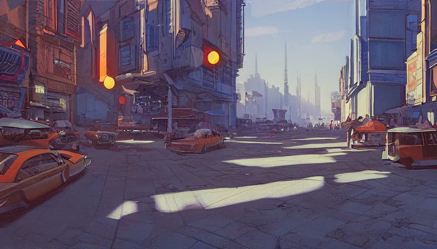 Prompt: a beautiful painting of a retro future city street, ray traced lighting by jean claude mezieres