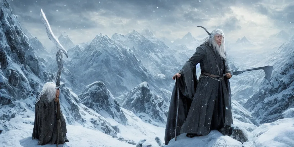 Prompt: a powerful wizard, gandalf in lord of the rings, casting a spell on a snowy mountain top, greg rutkowski, 8 k, shallow depth of field, intricate detail, concept art,