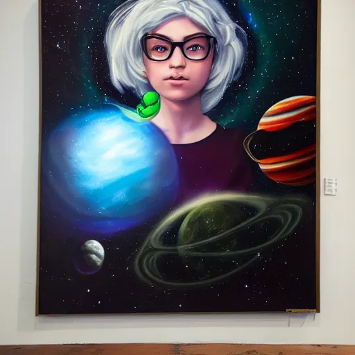 Image similar to hyperdetailed portrait of jade from homestuck floating in space between stars and planets, hyperrealism, detailed, oil painting