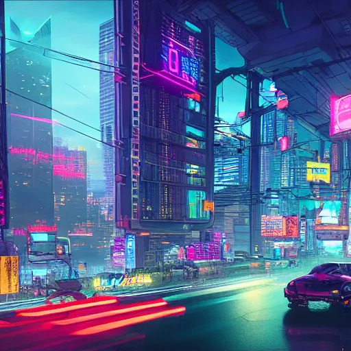 Image similar to Neon cyberpunk cityscape of Toronto with flying cars and advertisement screens, Blender 3D, Unreal Engine, 8k, by Jordan Grimmer and Andrea Pozzo