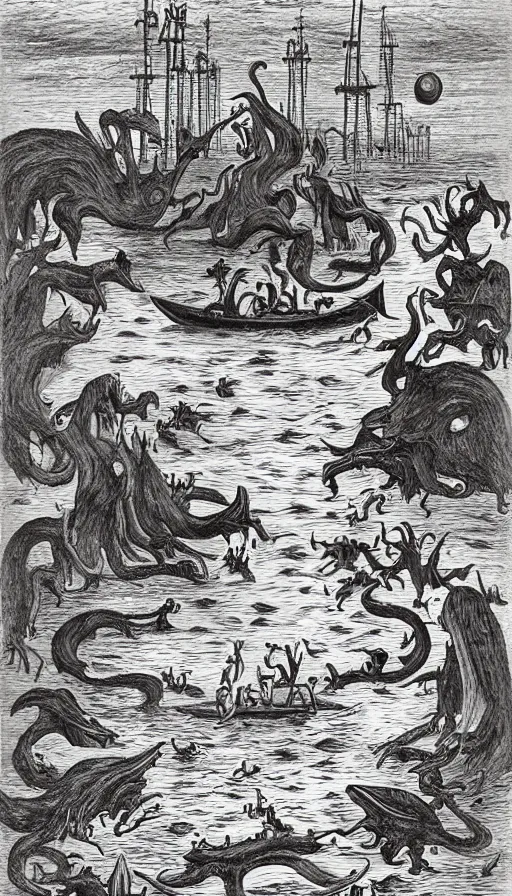 Image similar to man on boat crossing a body of water in hell with creatures in the water, sea of souls, by charles addams