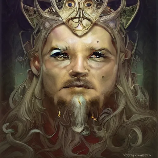 Image similar to Epic viking king, divine, symmetrical, , portrait, digital painting, Peter Mohrbacher, Alphonse Mucha, Brian Froud, Yoshitaka Amano, Kim Keever, Victo Ngai, James Jean