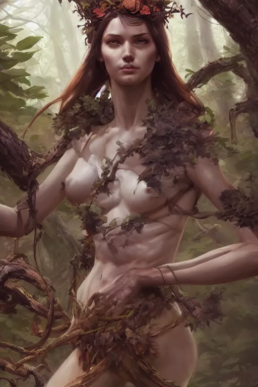 Image similar to goddess of the forest, accurate anatomy, only two hands, highly detailed, digital painting, artstation, concept art, smooth, sharp focus, illustration, unreal engine 5, 8 k, art by artgerm and greg rutkowski and edgar maxence