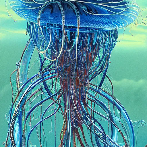 Image similar to a hyper detailed painting of a cyberpunk jellyfish, cables everywhere, blue tones, underwater, futuristic hi-tech details, art by jean giraud