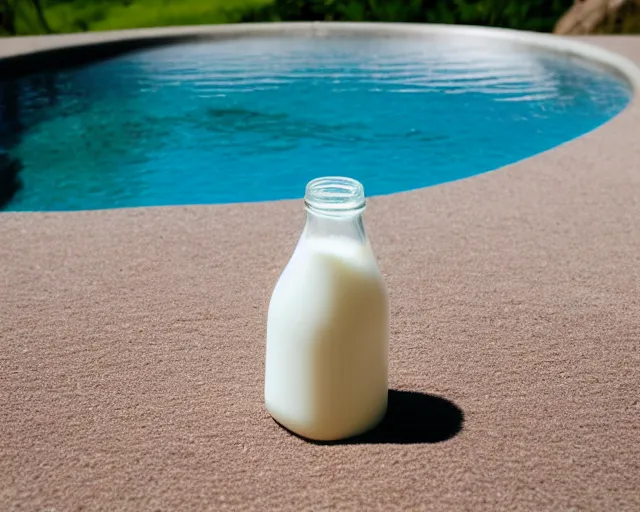 Prompt: 5 5 mm photo of milk bottle on a zen minimalist round white table with gorgeous pool in the background. highly detailed 8 k. intricate. lifelike. soft light,