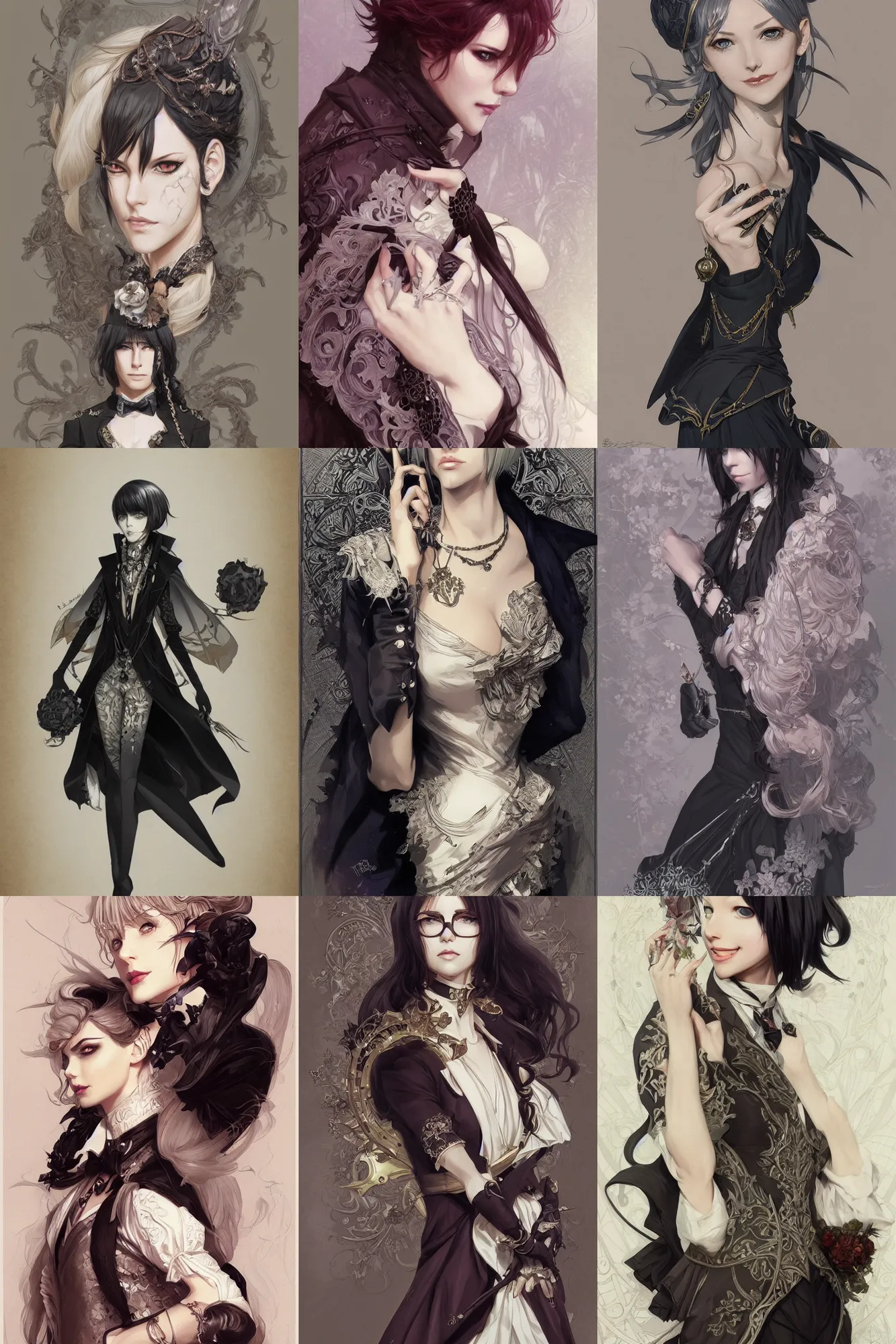 Prompt: fashion and character design spot illustrations from black butler, d & d, fantasy, intricate, elegant, highly detailed, digital painting, artstation, concept art, matte, sharp focus, illustration, hearthstone, art by artgerm and greg rutkowski and alphonse mucha