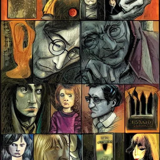 Prompt: in one frame Harry Potter, by Neil Gaiman, by Dave McKean, comics Sandman, small details, whole-length, clear faces