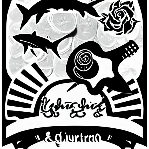Image similar to Shark and guitar, roses and coins on the background logo, black and white, maori style