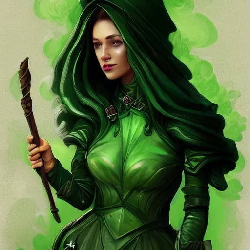 Image similar to a woman in a green dress standing holding a magic staff, a character portrait by Magali Villeneuve, featured on polycount, fantasy art, concept art, d&d, 2d game art