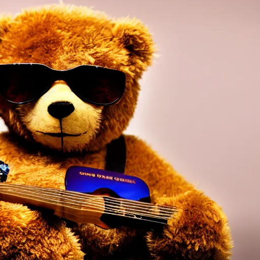 Prompt: a photograph of a teddybear, he is holding a guitar and wearing sunglasses, he is a rockstar, vivid color, 50mm, depth of field