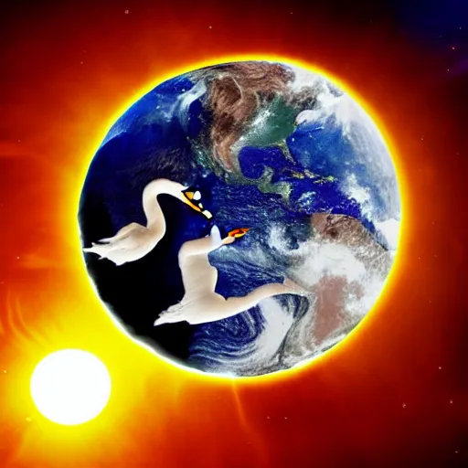 Prompt: a swan - human hybrid dancing on the moon, with the earth and the sun in the background. the earth and the sun are punching each other. space photography