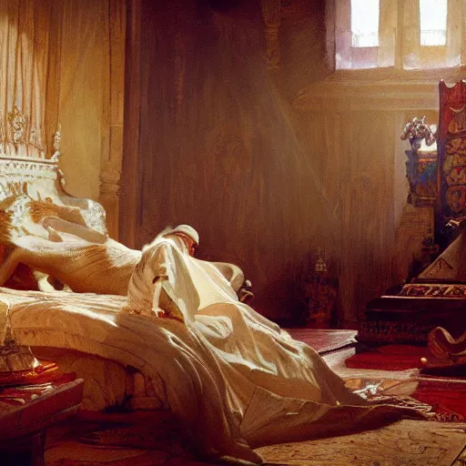 Image similar to the pope is in his bed, scared, because a horned demon is attacking the pope. highly detailed painting by gaston bussiere, greg rutkowski, craig mullins 8 k