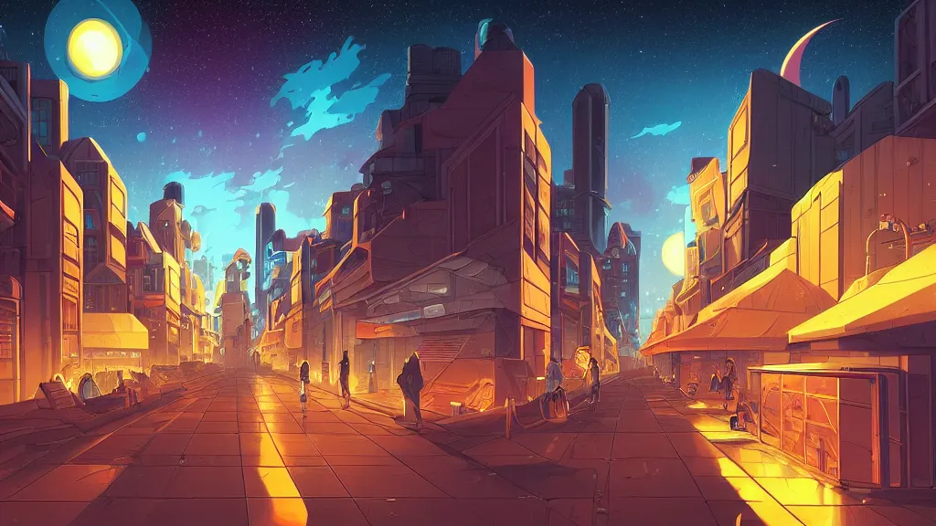 Prompt: the city street looking towards the spaceport at night by cyril rolando and naomi okubo and dan mumford