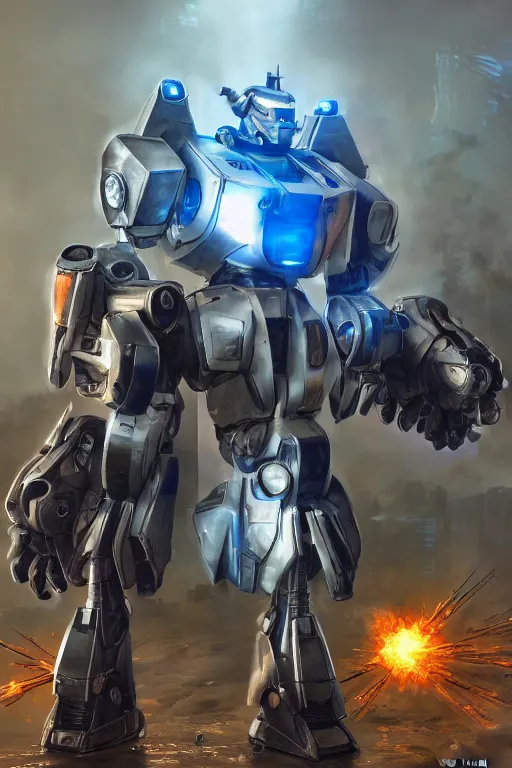 Image similar to mechwarrior 5 : mercenaries mech megaman transformer robot boss tank engine game octane render, 4 k, hd 2 0 2 2 3 d cgi rtx hdr style chrome reflexion glow fanart, global illumination ray tracing hdr fanart arstation by ian pesty by jesper ejsing pixar and disney unreal zbrush central hardmesh