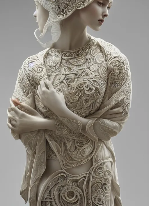Prompt: opalescent marble sculpture of beautiful woman, ivory carving, fractal paisley inlay, lace, intricate, elegant, highly detailed, artgerm, lace, by ruan jia and greg rutkowski