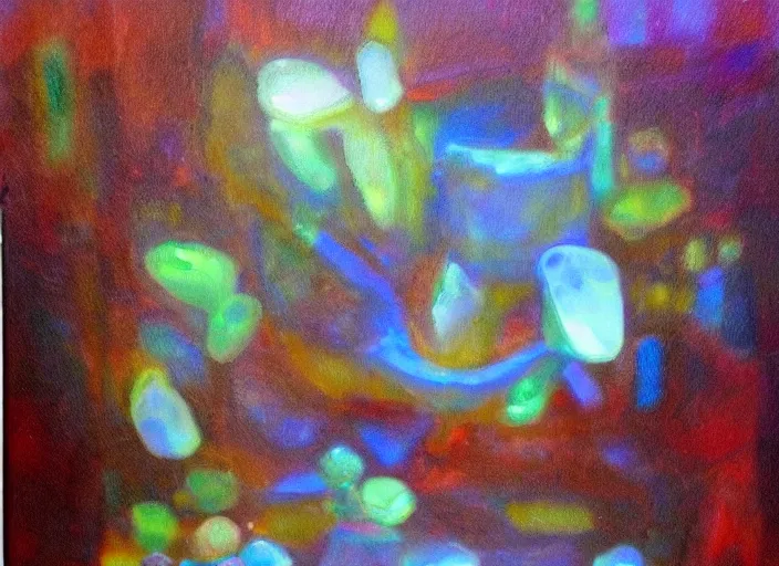 Prompt: oil painting of sold glass sculpture, refraction, transparent glass, translucent, cinematic light