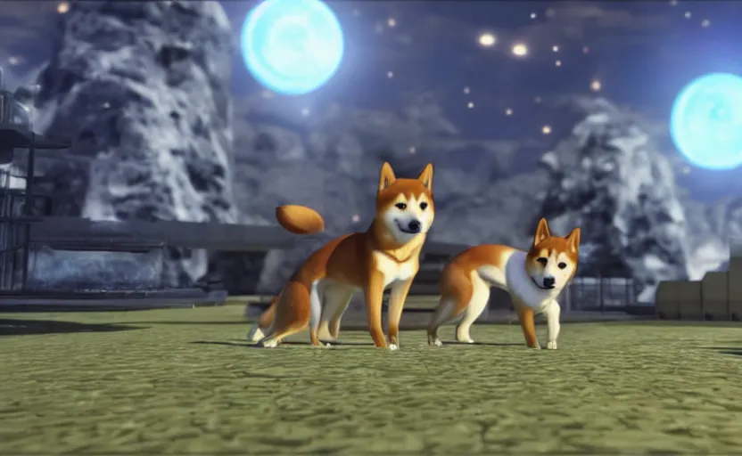 Prompt: A shiba inu dog in Phantasy Star Online 2, cinematic shot, campfire