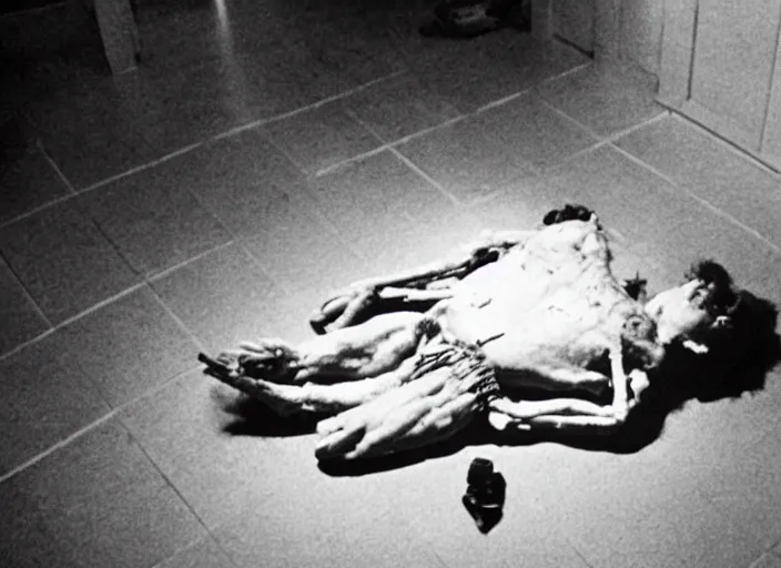 Prompt: disturbing 3 5 mm photo kodak of a human corpse in a room horror film practical fx by john carpenter